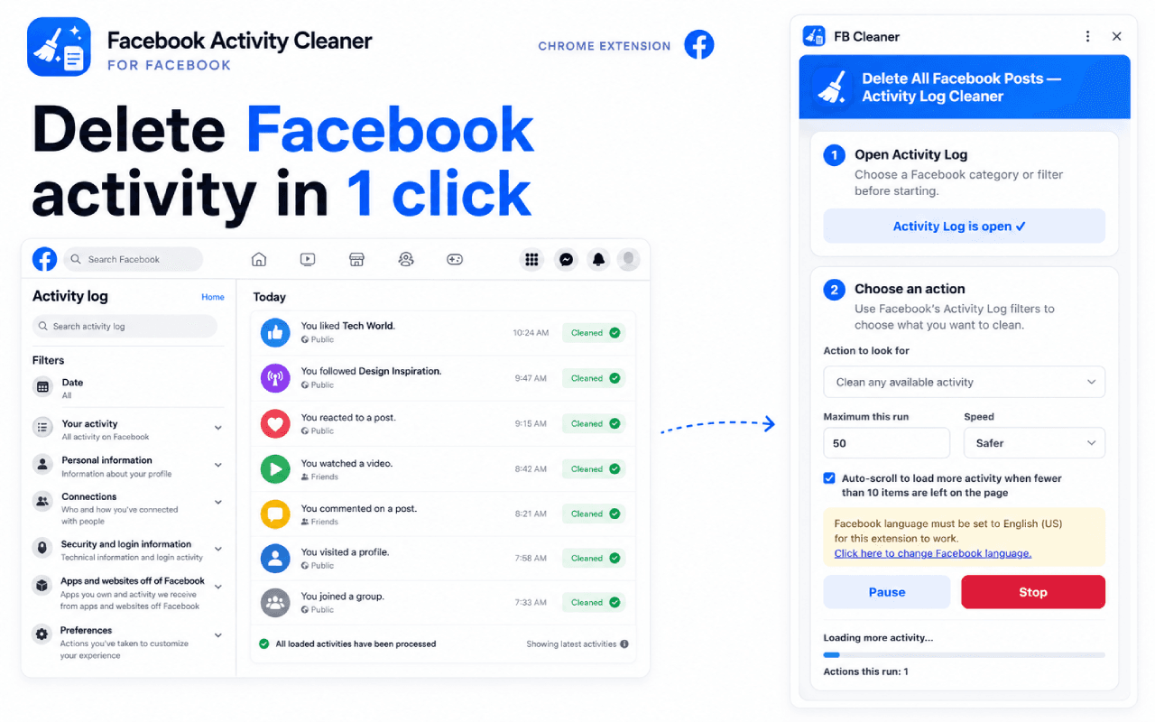 Facebook Activity Log Cleaner beside Facebook for choosing an activity type and clearing posts, reactions, comments, or tags