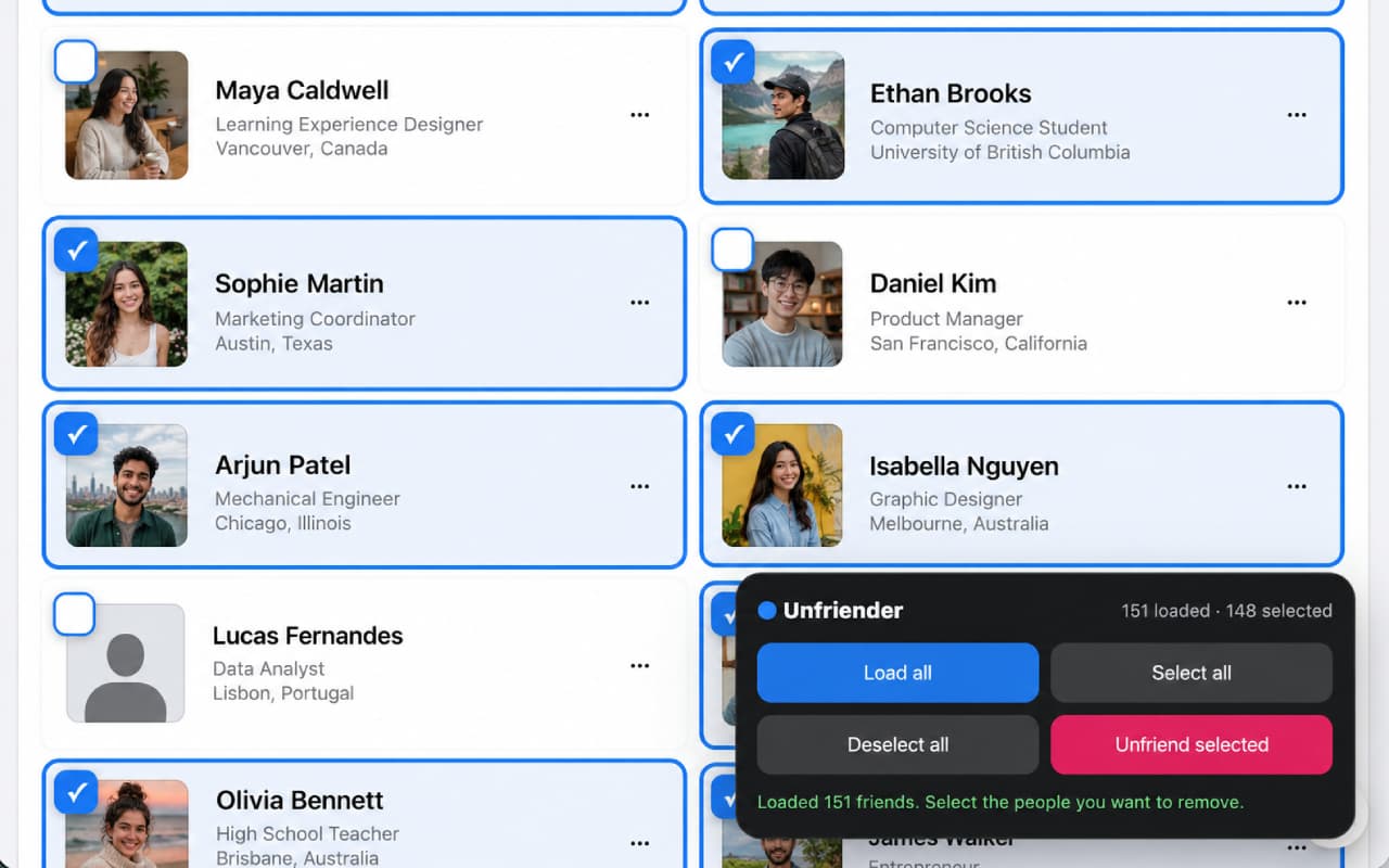 Reviewing and selecting Facebook friends to remove