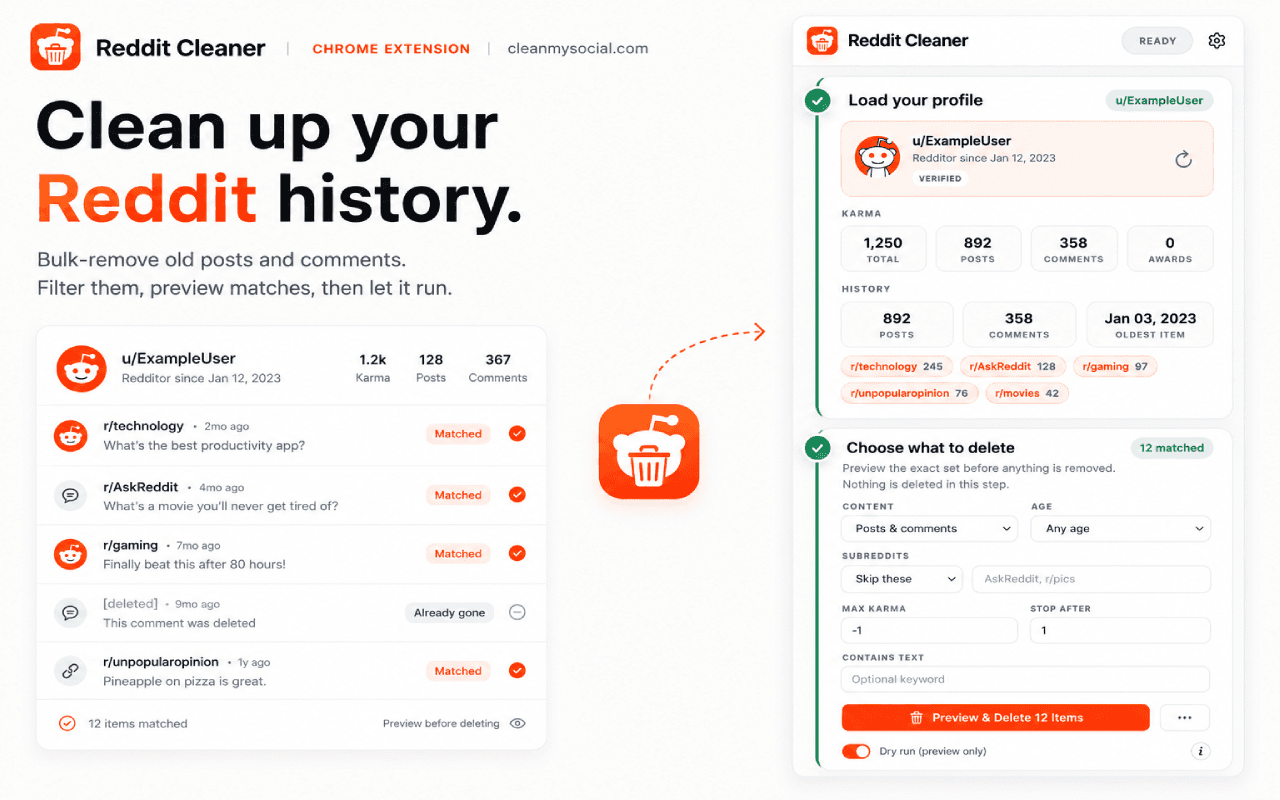 Reddit Cleaner workflow for loading a profile, filtering posts and comments, previewing matches, and deleting selected history